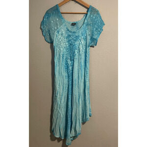 Fashion Force Dress Womens Free Size Blue Tie Dye Embroidered Boho Asym Hem READ